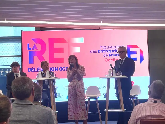De gauche à droite, Frédéric Dabi (IFOP), Brice Soccol (spécialiste mouvement territorial), Carole Delga et Samuel Hervé.